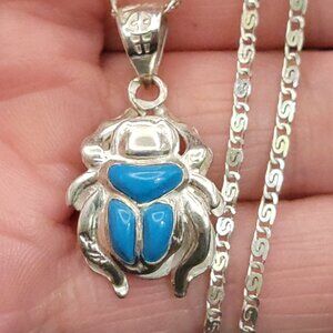925 Sterling Silver Turquois  Egyptian Scarab Necklace